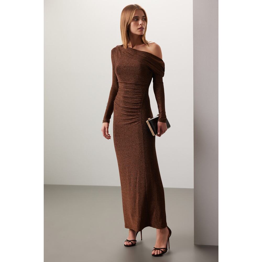 Significant Other Liliana Chocolate Off Shoulder Long Sleeve Maxi Dress Size 12